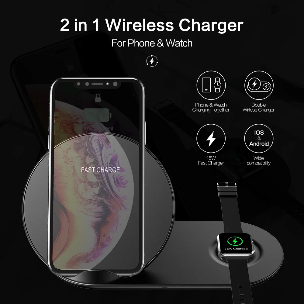 RAXFLY 2 в 1 Qi Беспроводное зарядное устройство для iPhone X XS Max XR 8 Plus быстрое Apple Watch 4 3 Dual