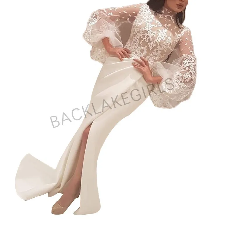 

Lace White Ivory Satin Mermaid Prom Dresses High Neck Long Sleeve 2018 Robe De Soiree Custom Made Evening Dresses Gown