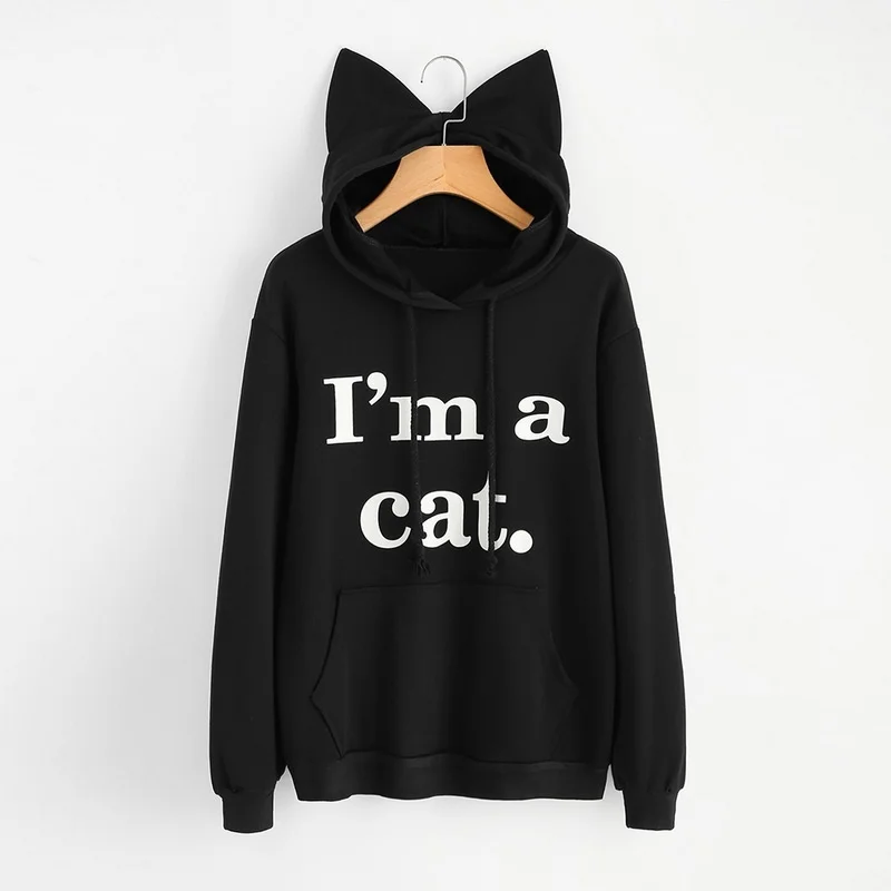  Kawaii Letter Cat Ear Cap Hoodies Women I AM A CAT Print Loose Hooded Sweatshirts 2018 Cute Long Sl
