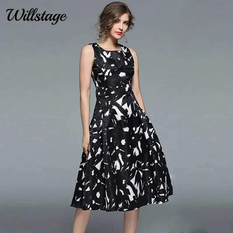 

Willstage Black Dress Floral Printed Sleeveless Elegant Mid Dresses Women Vintage High Waist Slim Vestidos 2019 Spring Summer