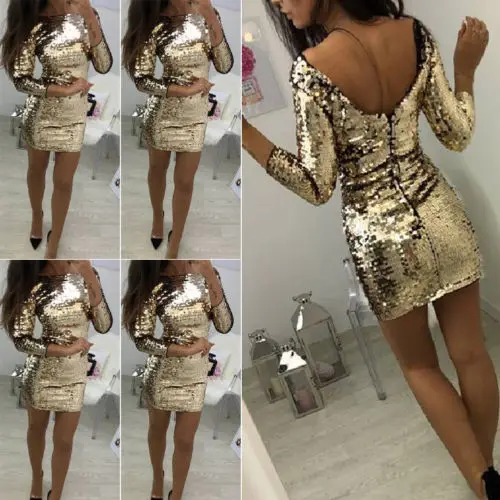 

2019 New Sexy Gold Sequin Dress Women Bandage Bodycon Long Sleeve Backless Dress Evening Party Club Short Mini Dress