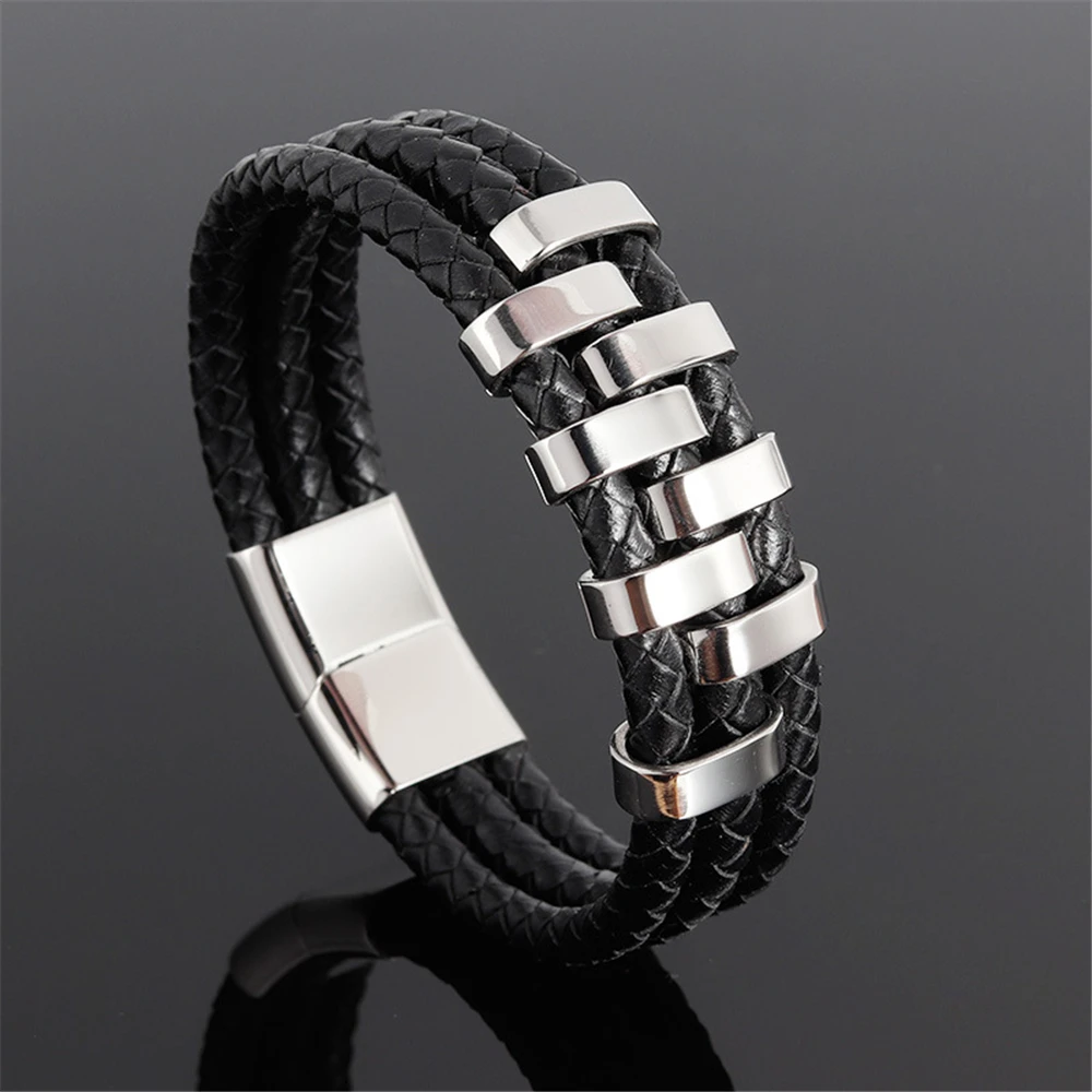 Fashion Genuine Leather Bracelet for Men Jewelry Punk Stainless Steel Buckle Bangle 3 Wrap Black Braid Rope Chain | Украшения и