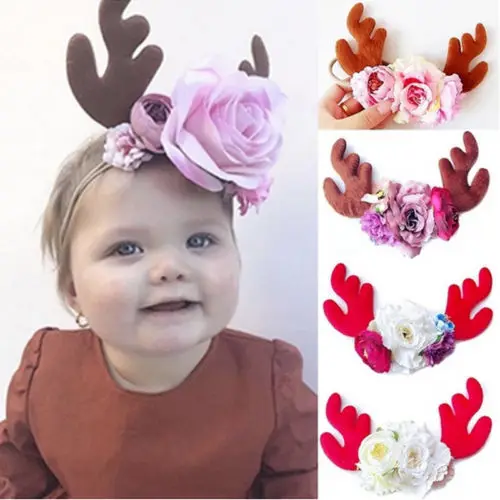 

2019 Xmas Deer Flower Hairband Kids Girl Baby Toddler Elk Headband Hair Band Accessories Winter Christmas Hairwear