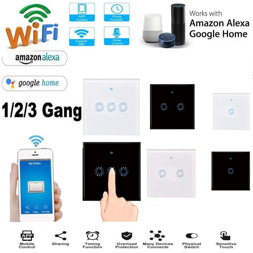 

1/2/3 Gang Smart Home WiFi Touch Light Wall Switch Panel For Alexa APP Timer EU Standard