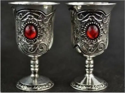Китайский тибетский серебристый стильные стаканы с красными бусинами