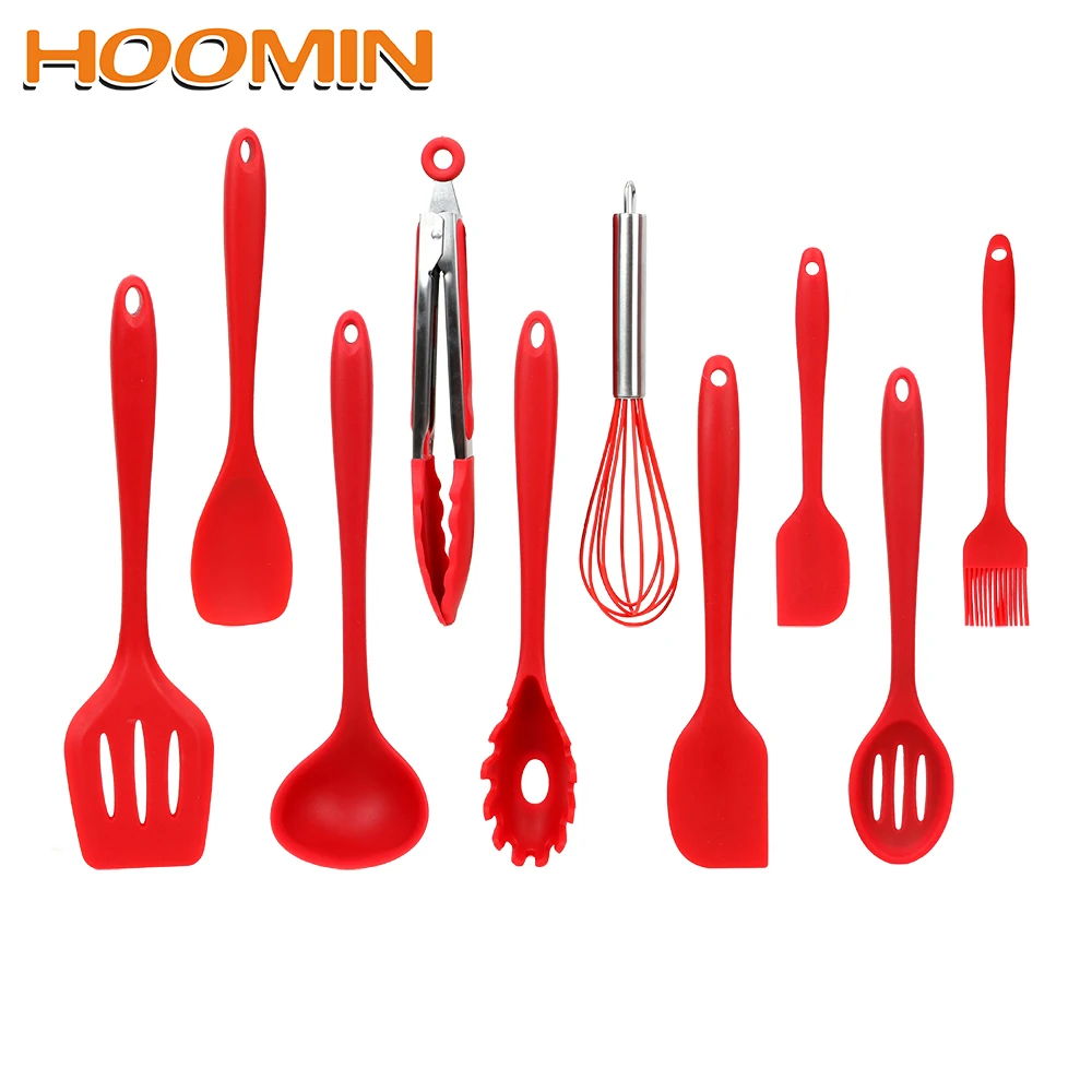 HOOMIN Pasta Tool Cooking Tool Sets 10Pcs/Set Egg Beater Spoon Spatula Colander Oil Brush Tongs Food Grade Silicone