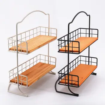 

Wrought Iron Storage Rack Desktop Skin Care Cosmetics Storage Holder Kitchen Supplies Two-layer European Simple Wooden Basket