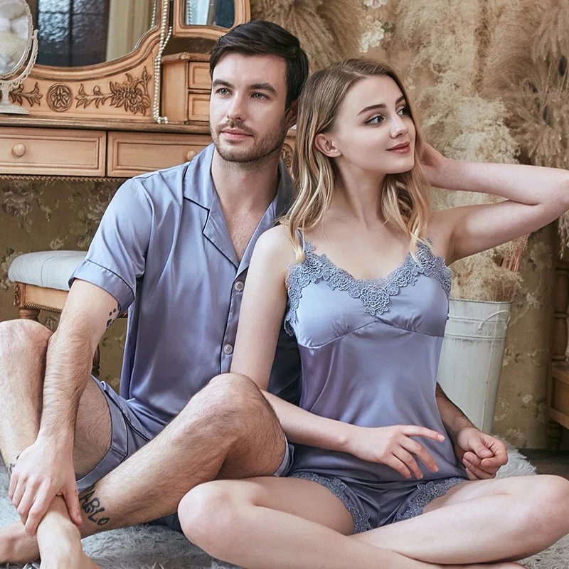 

Spring and summer newest simulation silk couple pajamas V-neck sling tops with shorts suits set pijama de unicornio