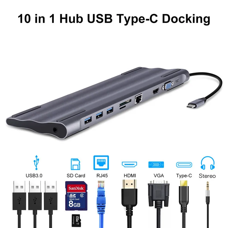 

Laptop Docking Stations 10-in-1 Type C to USB3.0 RG45 HDMI VGA SD TF Converter Laptop Accessories for MacBook Samsung Galaxy S9