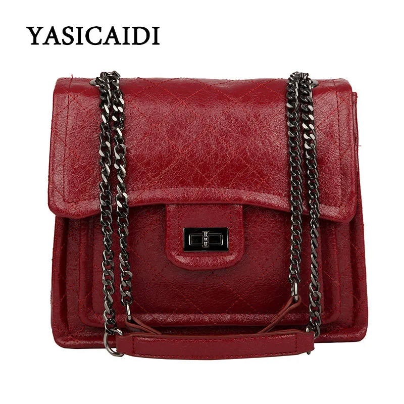 

YASICAIDI PU simple solid color rhombic sewing thread multi-layer fashion chain single shoulder diagonal big bag
