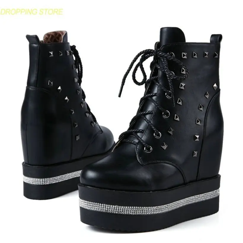 

Fashion Shoes Women Lace Up Spike Studded High Heel Party Pumps Shoes High Top Casual Ankle Boots Punk Sneakers