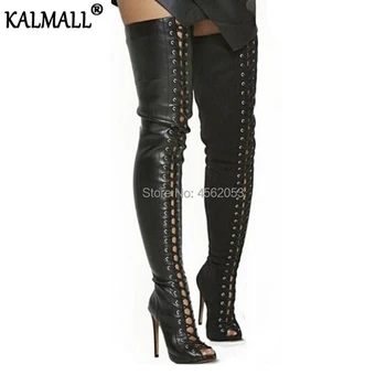 

KALMALL Kim Kardashian Shoes Female Faux Suede Stiletto Heel Over The Knee Bota Feminina Cross-tied Peep Toe Thigh High Boots