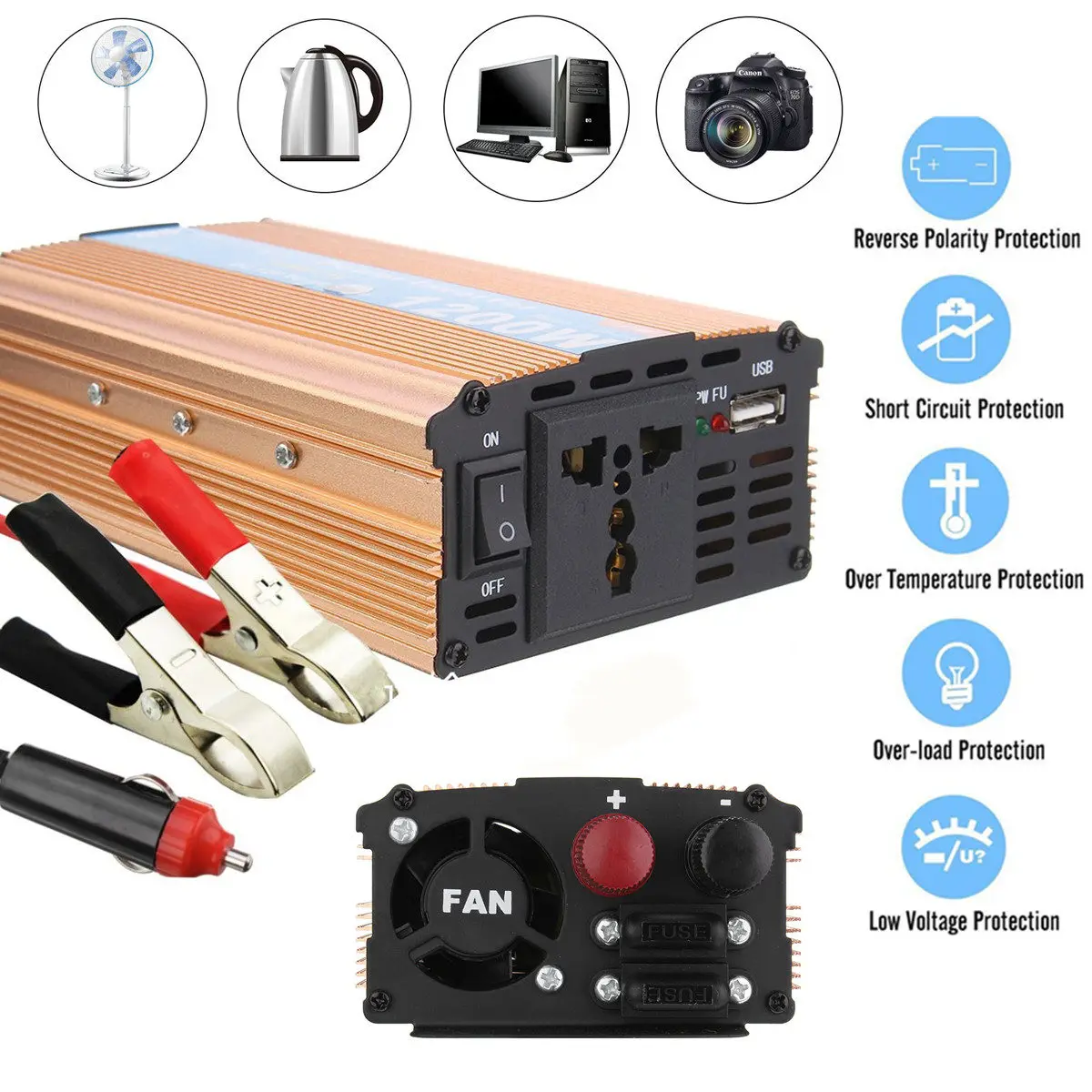 

1200W Portable Car Power Inverter DC 12V to AC 110V Adapter Charger USB Supply Converter Modified Sine Wave