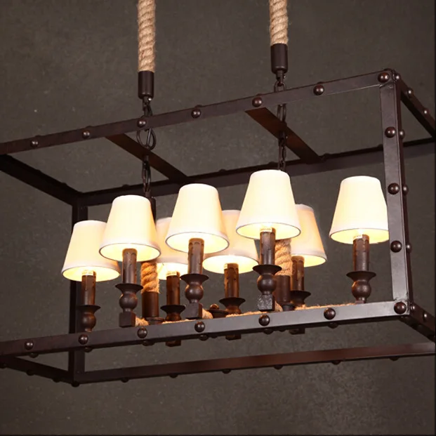

Rusty Iron Retro Industrial Iron Box Pendant Light Dining 8 Head Rope Rust Colored Rectangle Pendant Light Hanging Lamp
