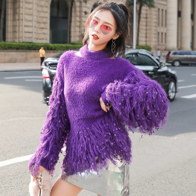 Halterneck Cute Knitted Sweater Women 2018 Autumn Winter Tops Mohair Patchwork Puff Sleeve Tassel Off Shoulder Pullover Women 