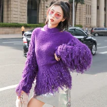 Halterneck Cute Knitted Sweater Women 2018 Autumn Winter Tops Mohair Patchwork Puff Sleeve Tassel Off Shoulder Pullover Women 