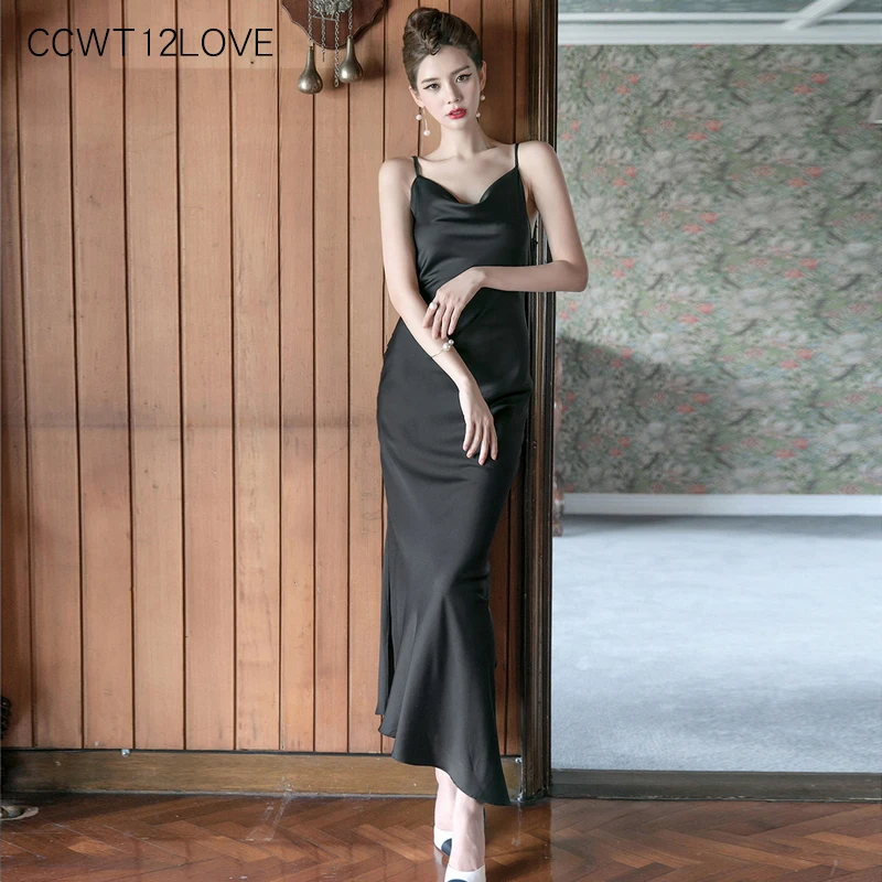 

Side Split Dress Black Long Sim Backless Satin Summer Dress Casual Package Hip Strap Sleeveless Dresses Solid Ankle Length