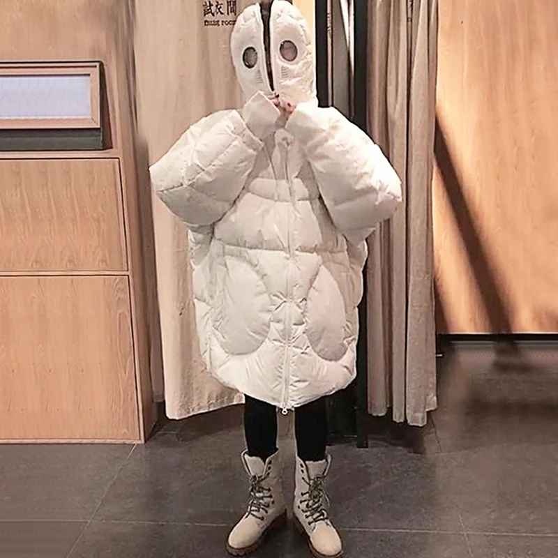 Skup Płaszcz zimowy kobiety luźna Parka pełna twarz czapka gruby kaptur Parka Plus rozmiar kurtka damska biały czarny zabawna osobowość Alien Coat