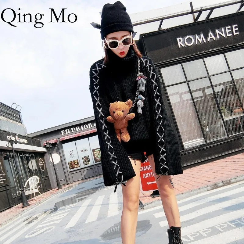 Qing Mo 2018 Autumn And Winter Female Fashion Doll Bear Tie Sweater High Collar Loose Hood Long-sleeved Knit WY007 | Женская одежда
