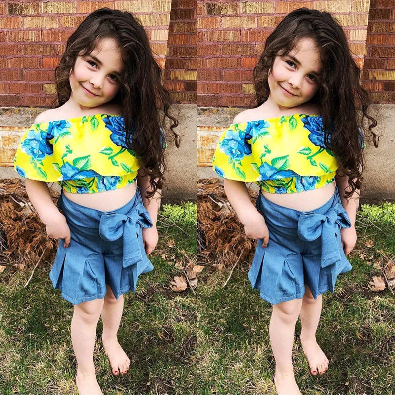 Джинсовые шорты для маленьких девочек, 2 предмета, футболка с цветочным рисунком для маленьких девочек, топы + джинсовые шорты, комплект