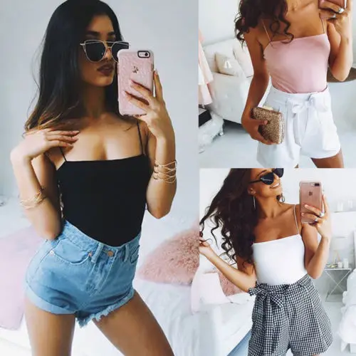 

Summer Casual Women Spaghetti Strap Sleeveless Bodysuit Women Ladies Fashion Summer Cotton Bodycon Sunsuit
