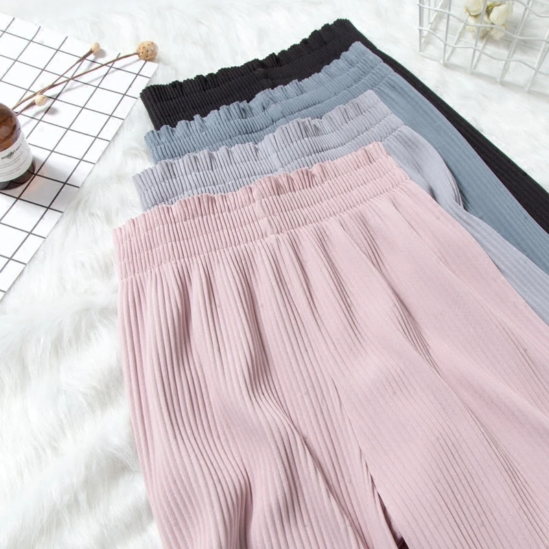 

#0445 Summer Solid Color Knitted Pleated Wide Leg Pants Women High Waist Casual Boho Plus Size Trousers Women Ankle-length