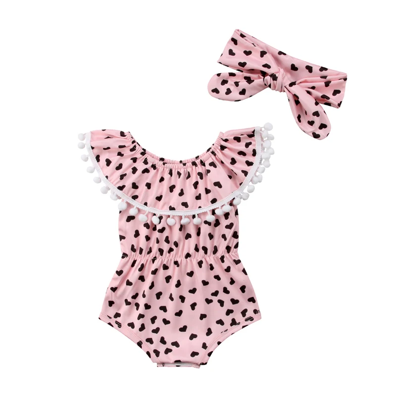 

Ruffled Collar Heart Print Baby Romper with Headband For Girls