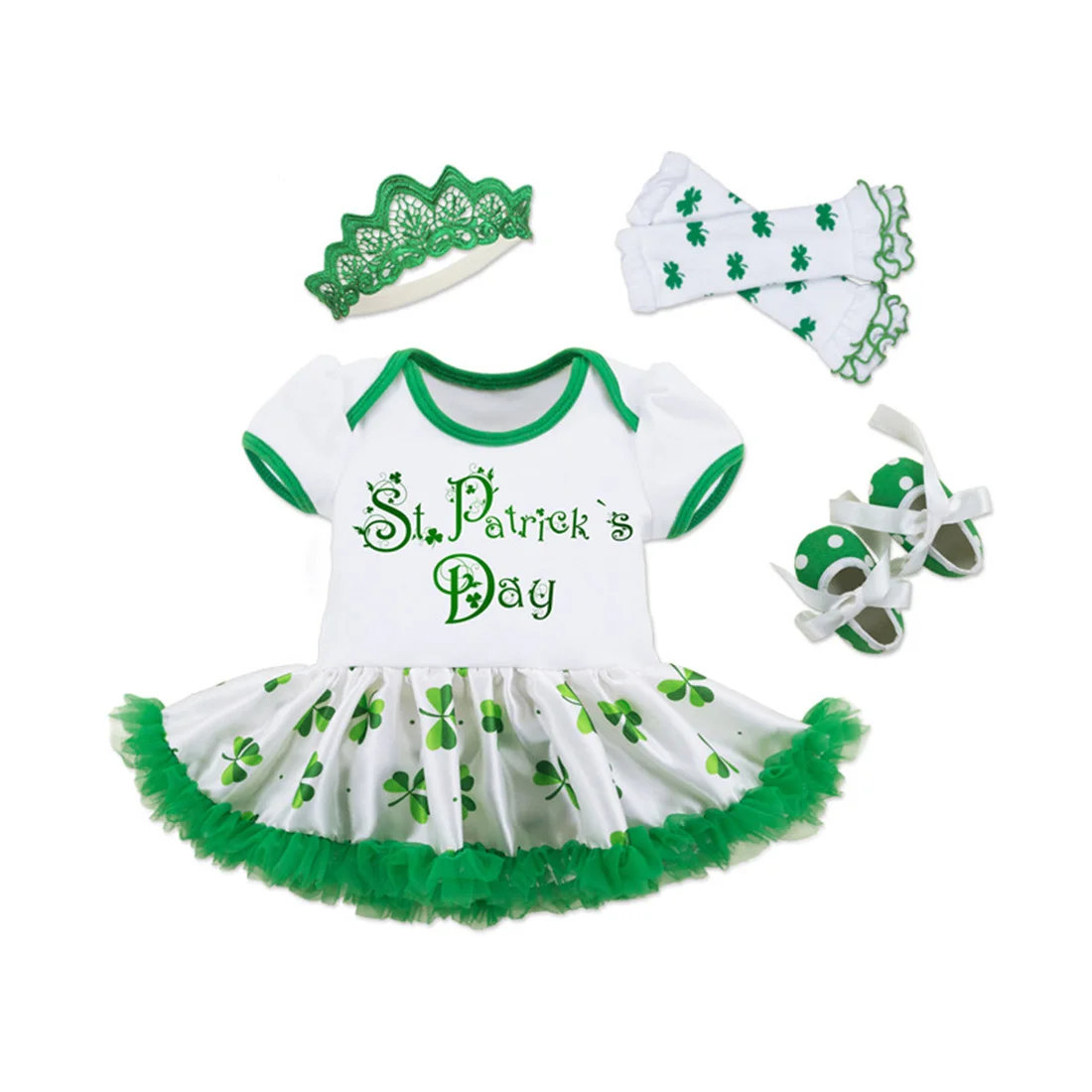 

Baby Girls Happy St. Patrick'S Day Outfits Green Party Costume Dresses Sets With Warmers Shoes Headwear And Bodysuits