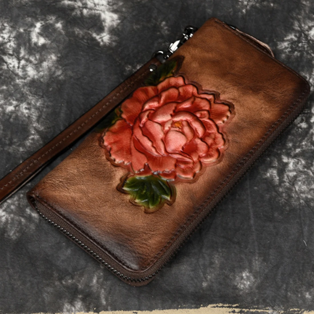 

Natural Skin Long Wallet Money Handy Bag ID Card Holder Coin Rose Embossed Vintage Clutch Wrist Bags Women Genuine Leather Purse