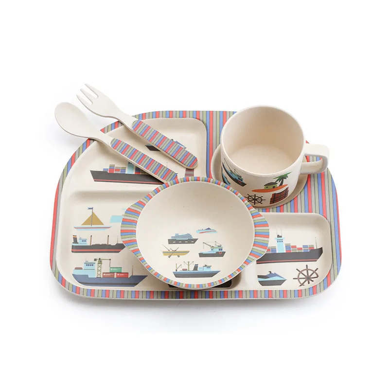 Новое поступление, 5 шт., детская посуда из бамбукового волокна с рисунком кота, лодки, вилки, миски для кормления детей, миска, чашка, ложка, тарелка, столовая посуда