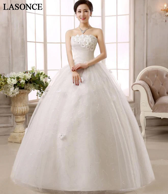

LASONCE Crystal Flowers Strapless Lace Ball Gown Wedding Dresses Off The Shoulder Pleat Backless Bridal Gowns
