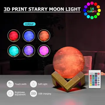 

3D Print LED Moon Lamp Night Light USB Rechargeable 16 Colorful Change Touch+Remote Control Bedroom Table Lamp Decor Lamp