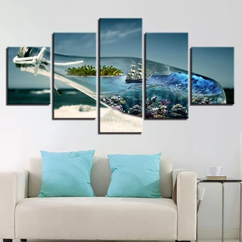 

Canvas 5 Panel Poster Wall Art Frame HD Printed Painting Modular Bottle Sailboat Landscape Living Room Home Decor Pictures