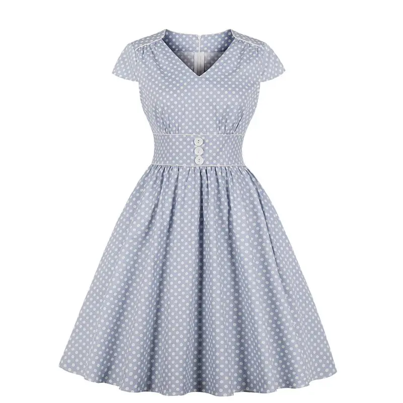 

Summer Elegant Vintage Women Dresses OL Ladies Preppy Sexy Blue Aline Zipper Polka Dots Plus Size Female Fashion New Retro Dress