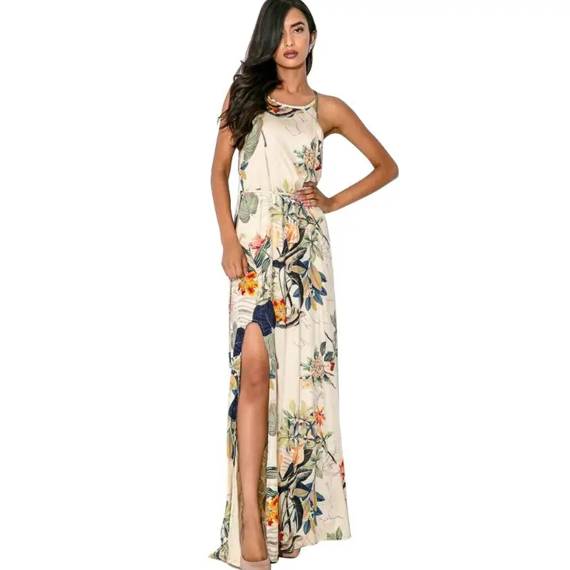 

Sexy Women Floral Floor Length Side Slit Dress S Size New Female Flower Printing Long Dress Dinner Party Dress