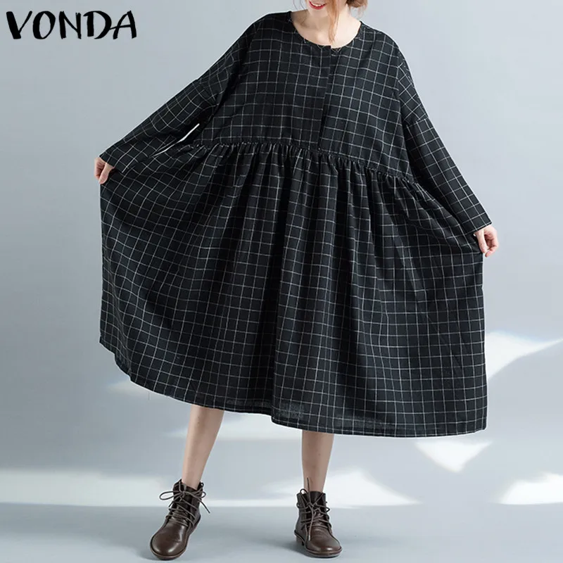 VONDA, Осеннее женское платье до середины икры, в клетку, повседневное, свободное, туника, платье-рубашка,, для беременных, плиссированное, в клетку, для беременных, платья размера плюс