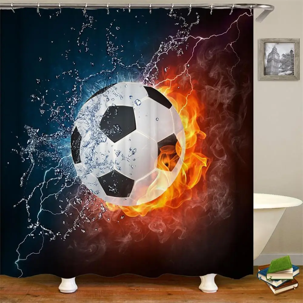 

Football Theme Sports Basketball Baseball Fire Water Spalshing Stadium Polyester Fabric Kids Shower Curtain