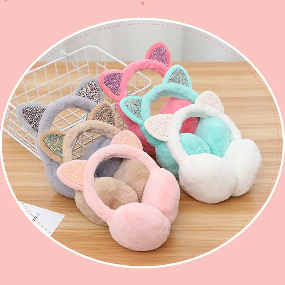 

2018 Newest Hot Christmas Girl Winter Cat Earmuffs Plush Warm Women Ear Protect Sequins Soft Fluffy Earcap
