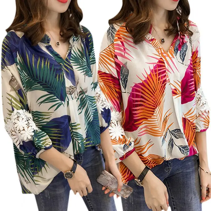

Leisure Leaf-Printing Long Sleeve Shirt For Ladies Large Size Loose Sunscreen Blouse Sexy V-neck Casual Versatile Spring Summer