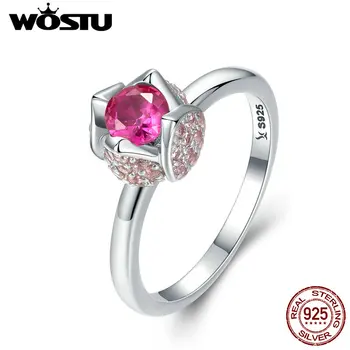 

WOSTU 100% 925 Sterling Silver Engagement Birthday Red Blssom With You Rings For Women Genuine Fine Jewelry Gift CQR455