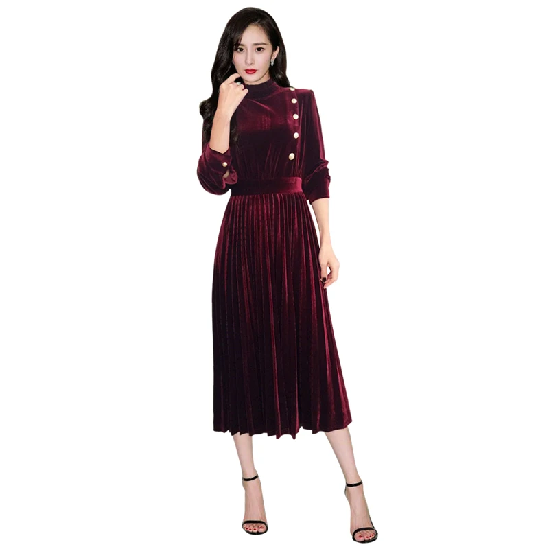 

new trends 2019 women gold buttons burgundy / green velvet dress ruffled collar long sleeve women pleated dress drop shipping