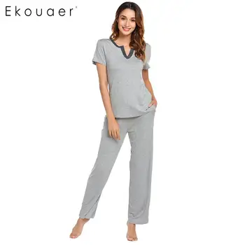 

Ekouaer Women Pajama Sets Nightwear Casual Sets Short Sleeve Tops And Long Pants Sleepwear Pyjamas Female Two Piece Pajamas Set