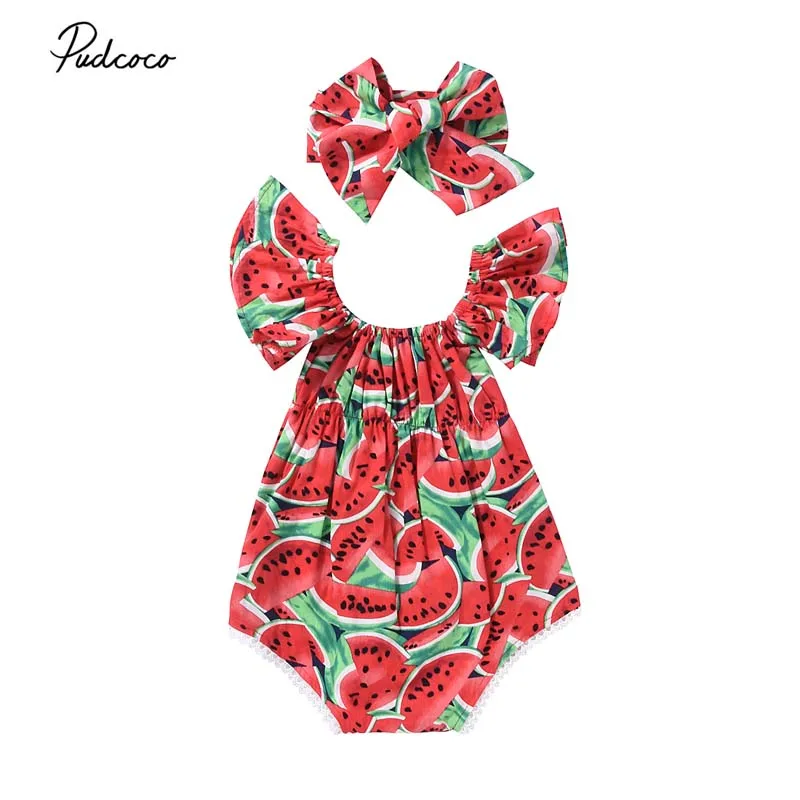 

2Pcs/Set Newborn Baby Girls Watermelon Clothes Butterfly sleeves Romper Jumpsuit +Headband Outfits Playsuit