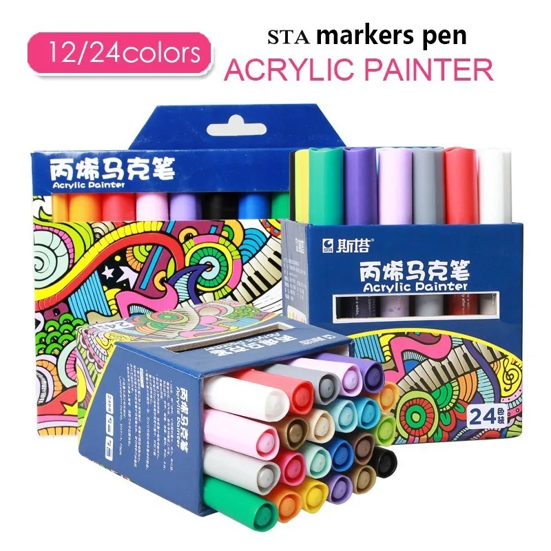 STA 12/24 Colors Acrylic Paint Marker Sketch Stationery Set For DIY Manga Drawing Marker Pen School Student Painter Supplies