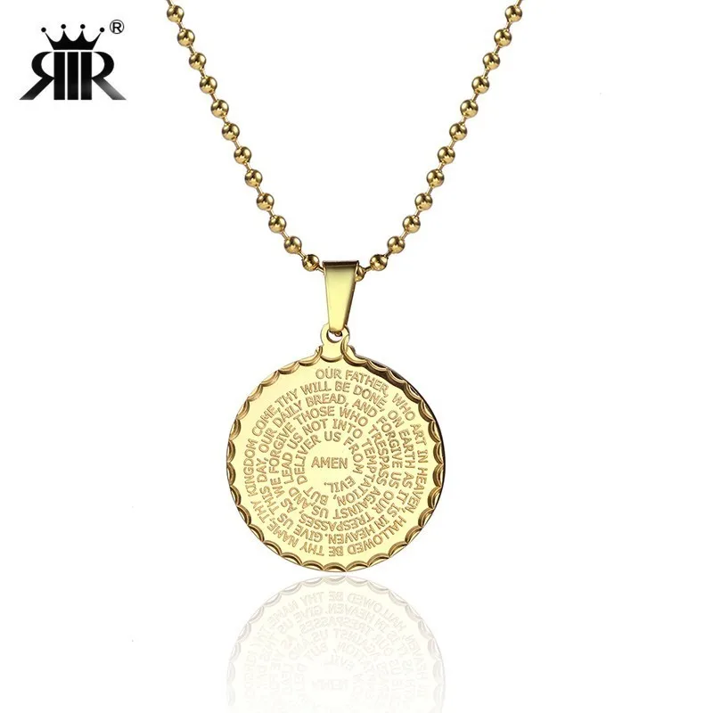 

RIR Stainless Steel Spain Lord Gold Coin Pendant Necklace Religious Christian Scripture Jewelry Gift 2018