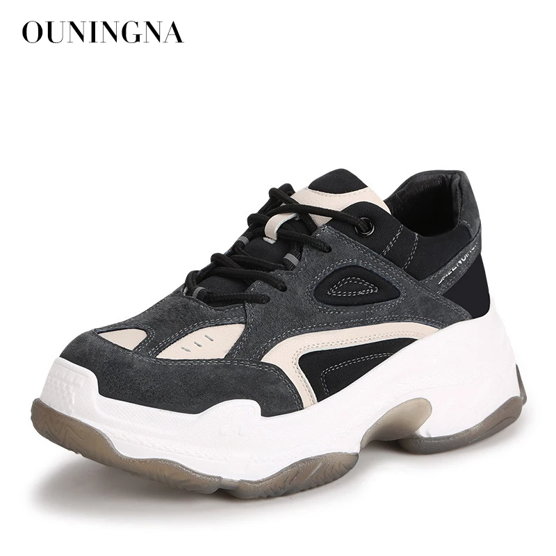 

OUNINGNA high quality 2019 spring and autumn new fashion genuine leather women's casual shoes Lady's sport style shoes sneakers