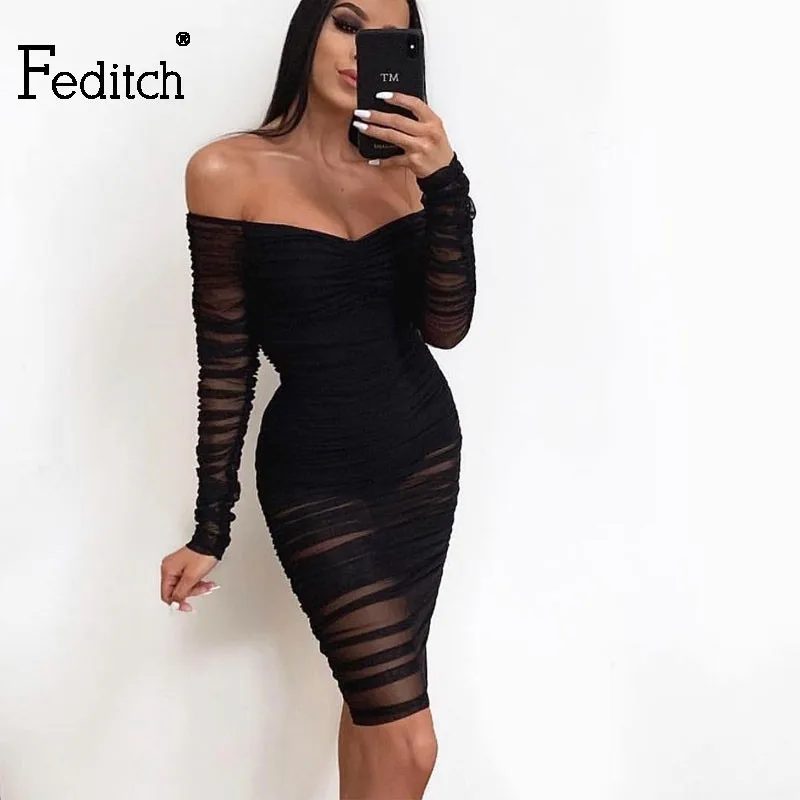 

Feditch 2019 Off The Shoulder Summer Dress Women Long Sleeve Slash Neck Mesh Mini Dress Slim Party Evening Sexy Ladies Dress