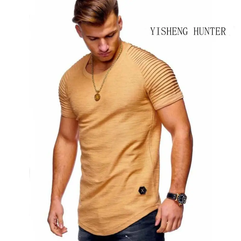 

2019 New pattern Fashion Men T-shirt Pure color design of stripe ruffle sleeve Tee t Shirt Slim Short Sleeve O-Neck Tops thsirt