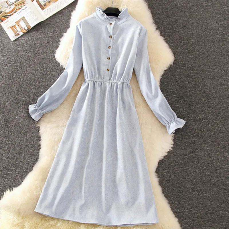 

Sweet Preppy Style 2019 Spring Elegant Ruffle Long Sleeve A-line Long Mid-Calf Slim Dress Work Casual Dress Autumn Winter