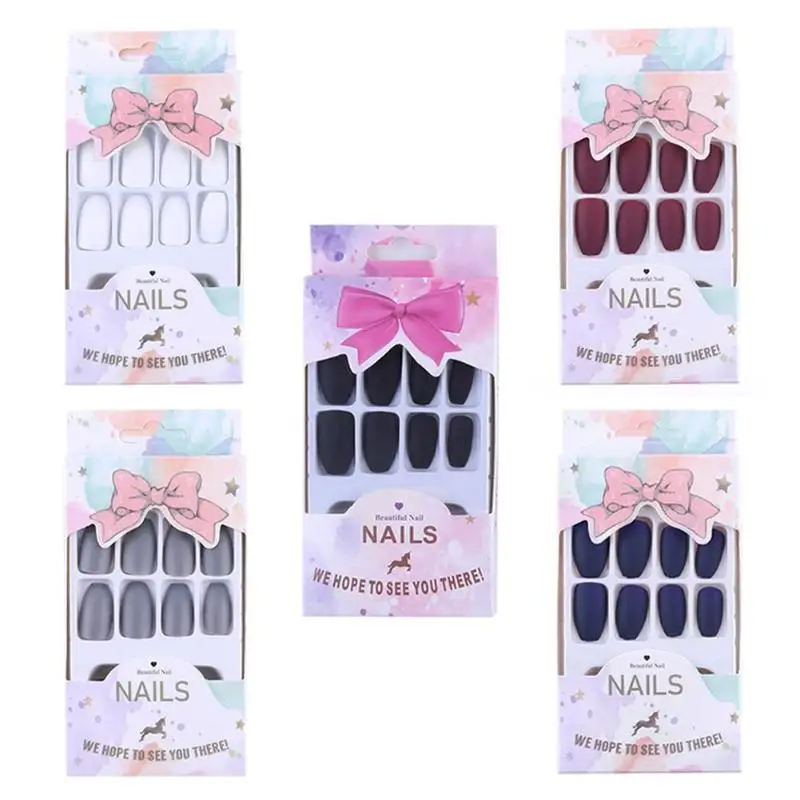 

24pcs/set Fake Nails Solid Color DIY Nail Art Self-adhesive False Nail Sticker Decoration Easy to Wear Fake False Nail